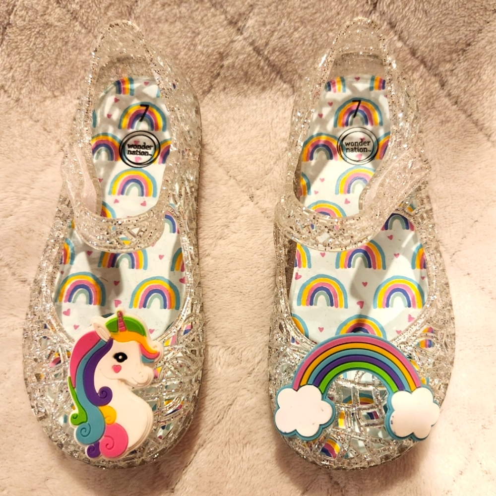 Size 7 shoes, baby/toddler glittery jellies with a unicorn and rainbow